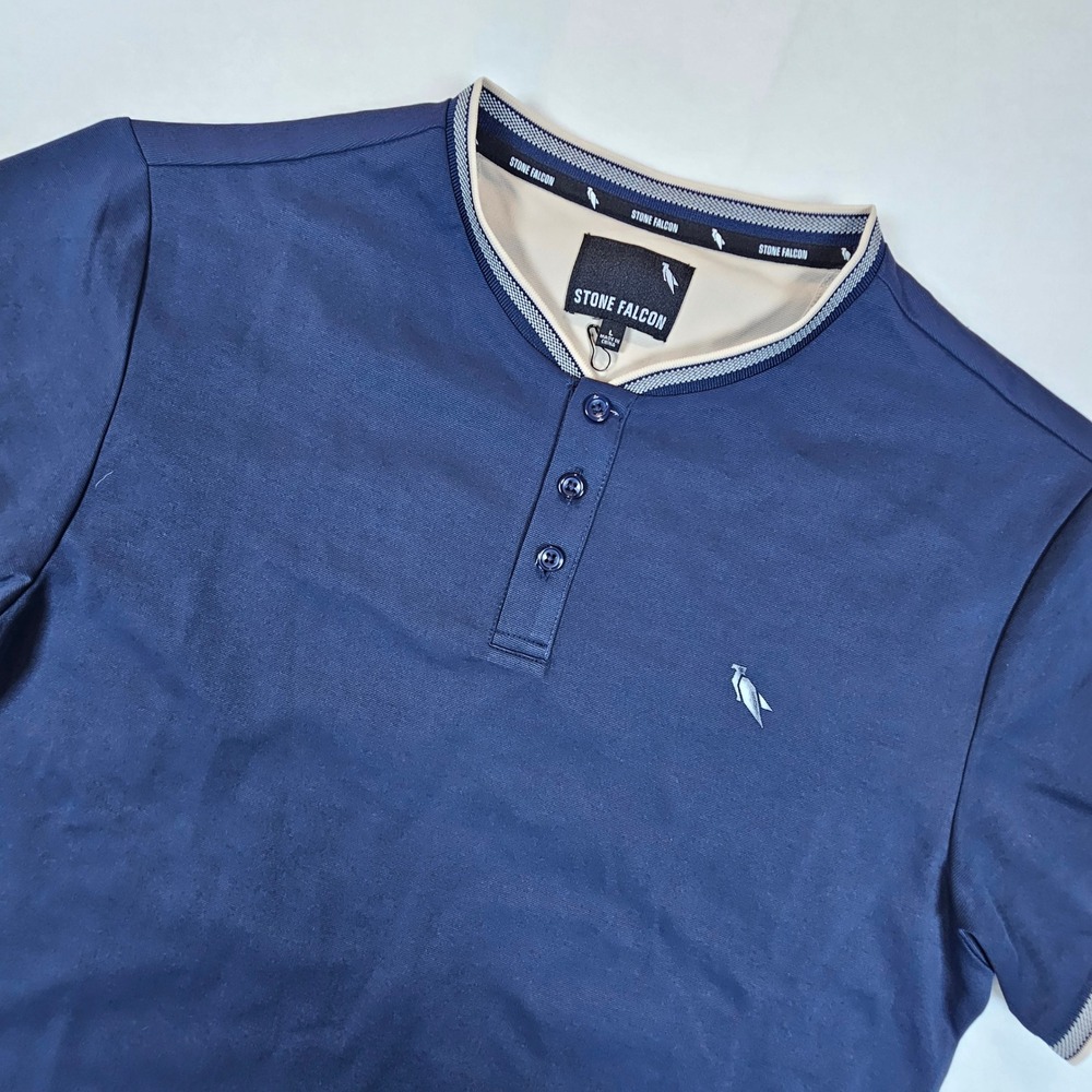 Stone Falcon Mens Navy Blue Henley Short Sleeve Shirt Banded Collar Size Large